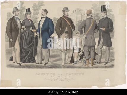 Gazette della Moda, agosto 1865 Cinque uomini e una donna in un giardino, alcuni in costume da caccia. Un braccio di coppia in braccio in conversazione con un uomo in pantaloni plaid. La donna indossa un costume amazon (rijkostuum). Frusta in mano. Due cacciatori, di cui uno visto dalla parte posteriore in costumi da caccia. Un ragazzo tiene un cane da caccia accanto al collare. A destra, un uomo che indossa un cappello, un sigaro case in mano. Stampa la rivista di moda The Gazette of Fashion, and Cutting-Room Companion (1847-19 ..?) Manufacture Creator:. Tipografo: Editore anonimo Edward Minister & Son (edificio elencato) stampante: Leroy (elencato proprio Foto Stock