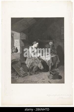 Gebed voor de maaltijd interno di una povera famiglia contadina. Un vecchio e una giovane donna seduti al tavolo. Entrambi hanno gli occhi chiusi e le mani piegate nella preghiera. Sul tavolo c'è una grande ciotola di zuppa o porridge, una fetta di pane e del burro. La stanza è disordinata. Sul pavimento una panca rotta e una braciere rotta. Sul davanzale una brocca e un'immagine di un aapje. Produttore : stampatore: Friedrich Wilhelm Burmeisternaar dipinto di Cornelis Pietersz. Bega dating: 1855 - 1915 e / o 1869 caratteristiche Fisiche: Prova; engra materiale: Carta Tecnica: Engra (processo di stampa) misurazione Foto Stock