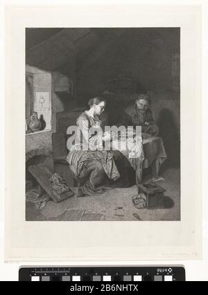 Gebed voor de maaltijd interno di una povera famiglia contadina. Un vecchio e una giovane donna seduti al tavolo. Entrambi hanno gli occhi chiusi e le mani piegate nella preghiera. Sul tavolo c'è una grande ciotola di zuppa o porridge, una fetta di pane e del burro. La stanza è disordinata. Sul pavimento una panca rotta e una braciere rotta. Sul davanzale una brocca e un'immagine di un aapje. Produttore : stampatore: Friedrich Wilhelm Burmeisternaar dipinto di Cornelis Pietersz. Bega dating: 1855 - 1915 caratteristiche Fisiche: Engra materiale: Carta Tecnica: Engra (processo di stampa) Misure: Bordo lastra: Foto Stock