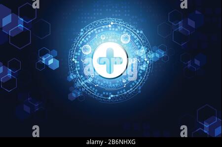 La scienza astratta della salute consiste in salute più tecnologia digitale concetto di moderna tecnologia medica, Trattamento, medicina su hi tech futuro sfondo blu Illustrazione Vettoriale