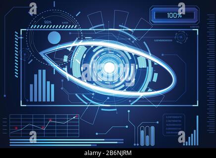 Tecnologia astratta scienza concetto occhio cerchio dati salute digitale : hud elementi di interfaccia del programma hi-tech potenza del futuro : robot, artificiale inte Illustrazione Vettoriale