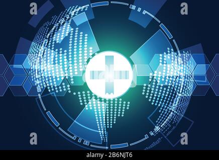 astratta tecnologia sfondo concetto salute verde blu cerchio digitale hi tech futuro design, scansione salute corpo :il trattamento aiuta a migliorare. Illustrazione Vettoriale