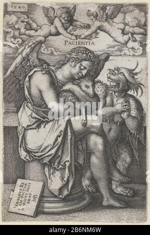 Geduld (Patientia) Pacientia (titel op object) donna alata come personificazione della pazienza (patientia) seduto con un agnello in braccio mentre il diavolo strofinando le mani a guardare. La virtù prende due angeli un giuramento sulla testa geplaatst. Produttore : stampatore Hans Sebald Beham (edificio elencato) nel suo disegno: Hans Sebald Beham (proprietà elencata) Fabbricazione Del Luogo: Francoforte Data: 1540 caratteristiche Fisiche: Materiale per auto: Tecnica della carta: Engra (processo di stampa) Misure: Bordo della lastra: H × 105 mm b 70 mm Oggetto: Pazienza; 'Patienza '(Ripa) Foto Stock