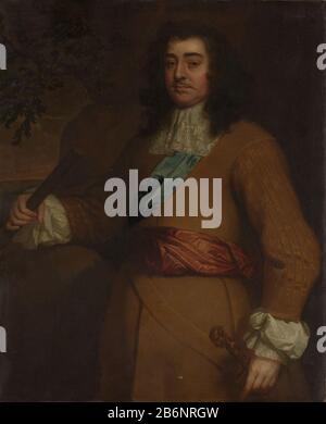 George Monk (1608-69), eerste hertog van Albemarle Engels admiraal en staatsman, SK-A-3832 Ritratto di George Monk, primo duca di Albemarle. Inglese ammiraglio e statista. Ginocchio-lunghezza, in piedi, con un testimone nella sua mano destra, mano sinistra sul hilt del suo pesante d. Sullo sfondo un landschap. Produttore : pittore Peter Lely (Sir) (workshop) Data: 1650 - 1700 caratteristiche Fisiche: Olio su tela materiale: Tela olio dimensioni: Supporto: H 118 cm. B × 96 cm. Dimensioni esterne: 6,5 cm d. (Compreso il vettore SK-L-2413.) Oggetto: Comandante in capo, ammiraglio storico della guerra inglese W. Foto Stock