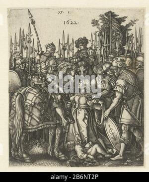 Gerechtigheid van Trajanus Copia speculare su una stampa di Hans Sebald Beham di dimensioni maggiori. Figlio di una vedova fu ucciso da un soldato dell'imperatore Traiano. Inginocchiata dal cadavere di suo figlio, rifiuta l'imperatore a onrecht. Produttore : per stampare da Hans Sebald Behamprentmaker: Anonymous publisher Claes Jansz. Visscher (II) (edificio elencato) Datato: 1622 caratteristiche Fisiche: Materiale auto: Carta Tecnica: Engra (processo di stampa) dimensioni: Bordo lastra: H 113 mm × W 96 mm Oggetto: L'imperatore che esce è fermato dalla madre del bambino morto  giustizia o Traiano Foto Stock