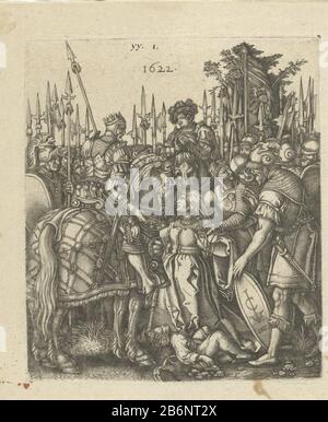 Gerechtigheid van Trajanus copia speculare ad una stampa di Hans Sebald Beham di dimensioni maggiori. Figlio di una vedova fu ucciso da un soldato dell'imperatore Traiano. Inginocchiata dal cadavere di suo figlio, rifiuta l'imperatore a onrecht. Produttore : per stampare da Hans Sebald Behamprentmaker: Anonymous publisher Claes Jansz. Visscher (II) (edificio elencato) Datato: 1622 caratteristiche Fisiche: Materiale auto: Carta Tecnica: Engra (processo di stampa) dimensioni: Bordo lastra: H 112 mm × W 97 mm Oggetto: L'imperatore che esce è fermato dalla madre del bambino morto  giustizia o Traiano Foto Stock