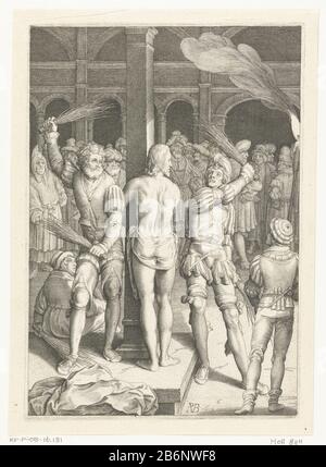 Geseling van Christus De Passie (serietitel) Cristo è legato ad un pilastro e picchiato da soldati per ordine di Pontius Pilatus. Produttore : stampatore: Nicolaes de Bruyn (edificio elencato) nel suo disegno: Nicolaes de Bruyn Inspirer: Hendrick Goltzius Inspirer : Lucas Luogo produzione di Leyden: The Netherlands Data: 1619 caratteristiche Fisiche: Engra materiale: Carta Tecnica: Engra (processo di stampa) Misure: Bordo della lastra: H 201 mm × W 140 mmToelichtingPrent da una serie di dodici stampe con scene della Passione. Serie ispirata alle stampe di Hendrick Gottzius e Lucas Leyden. Subje Foto Stock