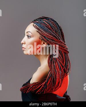 Donna Acconciatura con capelli colorati estensioni intrecciate in sottili trecce e afrobraids Foto Stock