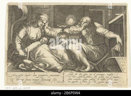 Revolgen van de verspilling in het huwelijk un uomo e una donna con due bambini seduti in una stanza squallida illuminata solo da una lampada ad olio. I bambini che gridano e i genitori cancellano le lacrime dal viso. L'uomo tiene il suo portafoglio vuoto in su come segno che il denaro è. La performance mostra, come spiega il versetto, che il risultato di una stravagante vita pantetgen Magher 'è. Produttore : stampatore: Gillis van Breen (edificio elencato), progettato da Karel van Mander (i) (proprietà elencata) scrittore Cornelius Schonaeus (edificio elencato) editore Claes Jansz. Visscher (II) (riferito su oggetto) Luogo manufactu Foto Stock