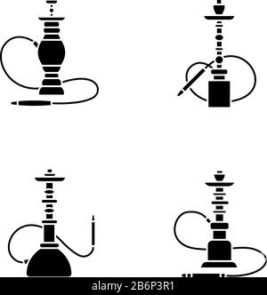 Icone di glifo nero di hookah impostate sullo spazio bianco. Opzione Nargila. Casa sheesha. Souvenir popolare. Odore dal tubo. Profumo di vaporizzazione. Area fumatori Illustrazione Vettoriale