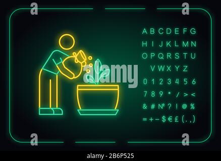 Icona della luce al neon che concimano piantine. Alimentazione a sapling. Giardinaggio. Integrazioni di crescita, emendamenti. Effetto incandescente esterno. Segno con alfabeto, numeri Illustrazione Vettoriale