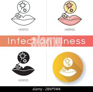 Icona herpes. Stili di colore lineare nero e RGB. Infezione virale della pelle, STD, malattia sessualmente trasmessa. Diagnosi medica. Labbra con vesciche gonfie Illustrazione Vettoriale