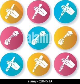 Primi segni di gravidanza flat design lungo ombra glyph icone set. Test positivo per donna in gravidanza. Due linee. Risultato sorpresa. Fertilità e ovulazione Illustrazione Vettoriale