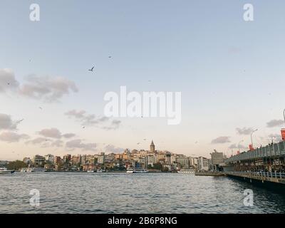 Viaggi in Turchia. Splendida vista dello stretto del Bosforo al tramonto. Panormama si affaccia sul ponte di Galata e sulla torre di Galata e molti gabbiani. Cartolina Foto Stock