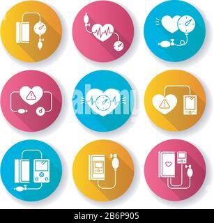 Primo sintomo di gravidanza flat design lungo ombra glyph icone set. Pressione sanguigna alta. Controllo medico. Assistenza sanitaria del paziente. Misurazione manometro Illustrazione Vettoriale