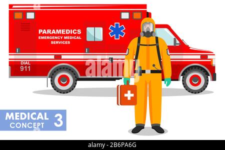 Concetto medico. Illustrazione dettagliata del medico di emergenza in tuta protettiva e maschera vicino auto ambulanza in stile piatto sfondo. Pericoloso Illustrazione Vettoriale