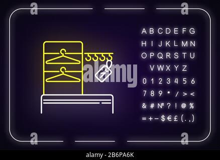 Icona della luce al neon del guardaroba. Effetto incandescente esterno. Firma con lettere, numeri e simboli. Cabina armadio. Guardaroba per custodia di abbigliamento, outerwear Illustrazione Vettoriale