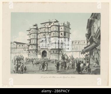 Gezicht op Rajwada paleis te Indore Gezigt op het Paleis van den Rajah van Indore (titel op Object) Op het plein voor het Rajwada paleis staan mensen en olifanten. Produttore : produttore : A. Viejou (vermeld op object)drukker: Koninklijke Nederlandse Steendrukkerij van C.W. Mieling (vermeld op object)Plats manufacture: Den Haag Dating: 1847 - 1865 Physical kenmerken: Toonlitografie in zwart met toonblok in blauw Material: Papier Techniek: Toonlitografie dimensioni: Blad: H 260 mm × b 334 mm Oggetto: Palazzo Foto Stock