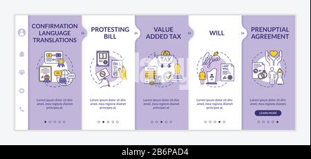 Modello vettore di onboarding dei servizi di certificazione. Pratica notarile. Notaio pubblico. Sito Web mobile reattivo con icone. Passaggio alla pagina Web Illustrazione Vettoriale