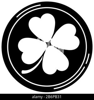 Chip del casino fortunato nero con quattro foglie di trifoglio icona isolato su sfondo bianco. Illustrazione Vettoriale