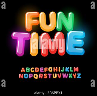 Carattere per bambini. Grassetto alfabeto bambini per festeggiare il compleanno e bambini zona, camera, tempo o bambino giocattoli modello logo. Lettere colorate e moderne Illustrazione Vettoriale