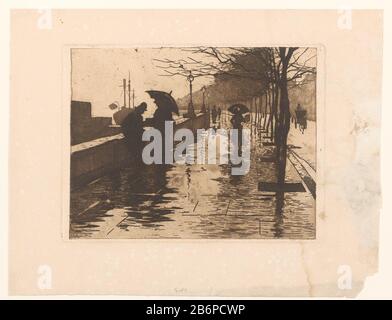 Gezicht op Victoria Embankment a Londen una carrozza e camminatori sotto la pioggia. A sinistra una nave nei Theems. Produttore : produttore di stampe: Willem Witse Place fabbricante: London Dating: CA. 1890 - ca. 1908 Materiale: Carta Tecnica: Acquaforte / acqua tonalità / lastra tonalità misure: Bordo piatto: H 227 mm × W 303 mm Oggetto: Vista della città in generale; 'Veduta'public River Road dove Victoria e Right EmbankmentTheems Foto Stock