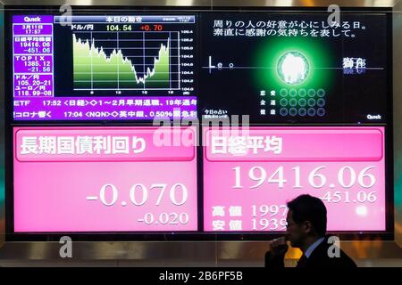 Tokyo, Giappone. 11th Mar, 2020. Un uomo passa davanti a una bacheca elettronica che mostra La Media giapponese Nikkei Stock, che ha finito per -451,06 punti o 2,27 per cento per chiudere a 19.416,06 nel centro di Tokyo. Credit: Rodrigo Reyes Marin/Zuma Wire/Alamy Live News Foto Stock