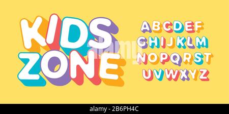Set di lettere 3D per Kids zone. Font per bambini festa di compleanno, festa, logo dei bambini o colorato poster divertente. Alfabeto multi-colore semplice e piatto. Vettore Illustrazione Vettoriale