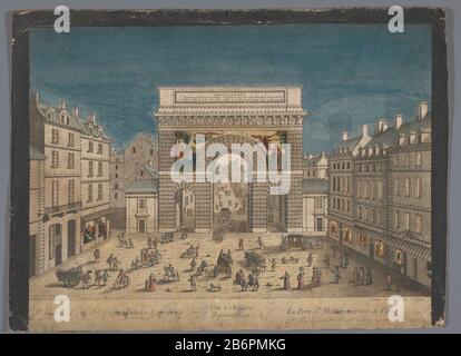 Gezicht op de Porte Saint-Martin te Parijs 67e Vue d'optique representant la Porte St Martin sortant de Paris (titel op object) In de titel genummerd: 67. Produttore : uitgever: Jean-François Daumont (vermeld op object)prentmaker: AnoniemPlats manufacturing: Uitgever: Parijsprentmaker: Frankrijk Dating: 1745 - 1775 Physical kenmerken: Ingekleurde, gesneden en geperforeerde ets geplakt op karton; penseel in kleuren geergeek: etsen / penseel / snijden / perf Foto Stock