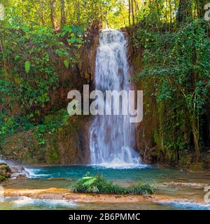 Fotografia quadrata di una cascata nelle cascate di Agua Azul nella foresta pluviale dello stato di Chiapas vicino a Palenque, Messico. Foto Stock