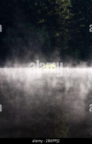 Mattina si torce sulla superficie dello stagno di Pohorsky conosciuto come riserva di Jiricka vicino a Pohorska Ves, Novohradske Mountains, Cesky Krumlov District, cechi Foto Stock