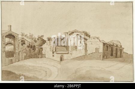 Gezicht op de Thermen van Diocleziano te Roma Visualizza le Terme di Diocleziano a Roma Tipo Di Proprietà: Disegno numero Oggetto: RP-T-1956-127 Iscrizioni / marchi: Annotazione, verso, centro inferiore, matita 'att. A Clérisseau / Les termes The DIOCLETIEN (in moderna grafia) annotazione, vero, centro inferiore, matita 'F7 // 4 / 2'annota, vero, in basso a destra, matita:' 23757' fabbricante : artista: Charles Louis Clérisseau datazione: 1731 - 1820 caratteristiche Fisiche: Pennello in marrone e rossiccio materiale marrone: Carta Tecnica: Pennello dimensioni: Pennello: / pennello dimensioni:: H 252 mm × W 418 mm Oggetto: Paesaggio con pub in rovina Foto Stock