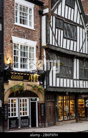 Golden Fleece Pub e edifici medievali di York, Yorkshire, Inghilterra, Regno Unito Foto Stock