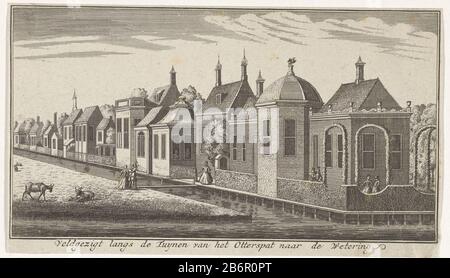 Gezicht op de tuinen bij het Otterspad aan een wetering Velgezigt langs de Tuynen van het Otterspat naar de Wetering (titel op Object) Vista dei giardini all'Otterspad un corso d'acqua, Amsterdam. Il ponte sul canale che corre i giardini - con le loro case ornate - e porta il prato interconnesso. Del ponte su entrambi i lati sono elegantemente vestiti figure e sull'erba in acqua, vi è un certo numero di geiten. Produttore : stampatore: Gerardus CondetPlats prodotto: Amsterdam Data: 1725 - 1764 caratteristiche Fisiche: Acquaforte materiale: Carta Tecnica: Acquaforte dimensioni: Piastra Foto Stock