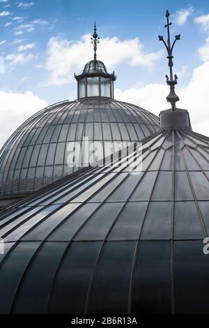 Le cime a cupola del tetto di una serra in un giardino botanico in estate. Foto Stock