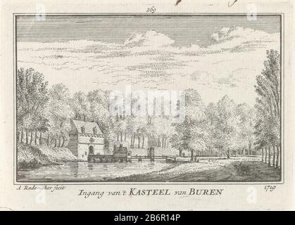 Gezicht op de voorpoort van Kasteel Buren Ingang va NOT Kasteel van Buren 1719 (titel op Object) Visualizza la porta di Castello Vicini nella situazione intorno al 1719. Il ponte per l'ingresso sono molti figuren. Produttore : stampatore: Abraham Rademaker (edificio elencato) editore: Willem Barents Editore: Antoni Schoonenburg Luogo fabbricazione: Amsterdam Data: 1727 - 1733 caratteristiche Fisiche: Materiale di incisione: Tecnica della carta: Dimensioni di incisione: Bordo della piastra: H 80 mm × W 115 mmToelichtingIlltingustatie da: Abraham Rademaker, Matthaeus Brouërius di Niedek, le Long Cabinet di Nederlandsch Foto Stock