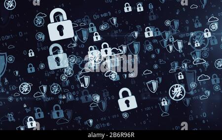 Cyber Security, protezione del computer e simboli volanti di sicurezza digitale immagine 3d. Concetto astratto sfondo digitale della tecnologia futura e bu