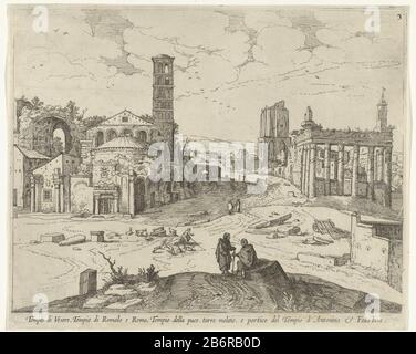 Gezicht op het Forum Romanum Tempio di Venere, tempio di Romolo e Remo () (titel op object) Gezichten op Roma (seriettel) ha lasciato il tempio di Romolo, dietro le rovine del tempio di Venere e Roma. Colonnato a destra del Tempio di Antonino e Faustina. In primo piano due figure sono in conversazione tra loro. Dietro di esso un pastore con il suo geiten. Produttore : stampatore: Willem van Nieulandt (II) Data: 1594 - 1635 caratteristiche Fisiche: Acquaforte materiale: Carta Tecnica: Acquaforte dimensioni: Bordo lastra: H 223 mm × W 272 mm Oggetto: Rovina di un edificio  architettura (+ classico Foto Stock