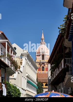 Cattedrale Basilica di Santa Caterina di Alessandria torre vista strada a Cartagena, Colombia Foto Stock