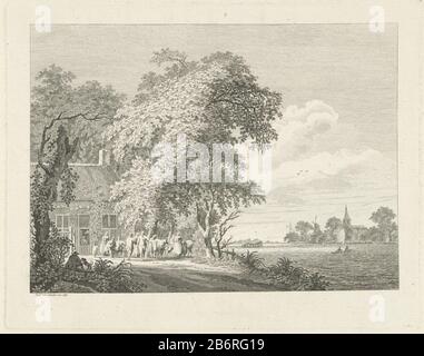 Gezicht op het veerhuis in Krimpen aan de Lek, 1756 Vista della casa di primavera nel villaggio Krimpen aan de Lek con figure e animali nel cortile. Il Lek vela un traghetto e barca a remi, sul lato opposto si trova il dorpskern. Produttore : stampatore Paulus of Liender (edificio elencato) Datato: 1763 caratteristiche Fisiche: Incisione; materiale di prova: Tecnica della carta: Incisione dimensioni: Bordo della piastra: H 244 mm × W 310 mm Oggetto: Paesaggi del villaggio con acque, paesaggi acquatici, paesaggi marini (nella zona temperata) traghetto dove: Krimpen aan de Lek Foto Stock