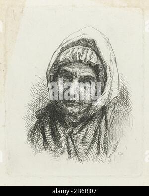 Gezicht van een oude vrouw met hoofddoek Face of an old woman with headscarf oggetto tipo: Immagine numero articolo: RP-P-1877-A-191 fabbricante : stampatore Jacob Taanman (proprietà in elenco) Luogo fabbricazione: Amsterdam Data: 1864 caratteristiche Fisiche: Materiale di incisione: Tecnica della carta: Dimensioni di incisione: Bordo della piastra: H 128 mm × W 103 mm Oggetto: vecchia donna Foto Stock