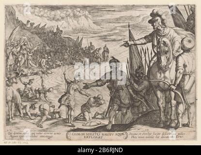 Gedeone siede a cavallo e seleziona i suoi soldati. Titolo e didascalia in latino nell'ondermarge. Produttore : stampatore Antonio Tempesta (edificio listato) Editore: Nicolaus van Aelst Concedente di privilegio: Papal hofopgedragen a: Cosimo II de'Medici di Antonio Tempesta Fabbricazione Luogo: Stampatore: Italia Editore: Roma fornitore di privilegio Roma Dedicato all'Italia Commissionato da: Italia Data: 1613 caratteristiche Fisiche: Acquaforte materiale: Tecnica carta: Incisione dimensioni: Bordo piastra: H 204 mm × W 288 mmToelichtingReeks di 24 stampe (+ frontespiece) con Strijdscènes Antico Testamento Foto Stock