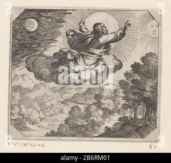 Dio schept de zon, de maan en de sterren De schepping (seriettel) Dio Padre, visto dalla parte posteriore, galleggiando su una nuvola sopra un paesaggio. Egli crea il sole, la luna e lo sterren. Produttore : stampatore Antonio Tempesta a disegno: Rafael A stampa da: Nicolaes de Bruyn a disegno: Maerten The VosPlats fabbricante: Stampatore Roma a disegno: Vaticano Data: 1565 - 1630 caratteristiche Fisiche: Acquaforte materiale: Carta Tecnica: Incisione dimensioni: Foglio: H 110 mm (bordo interno della piastra di taglio.) b × 126 mm (bordo Interno della piastra di taglio.) Spiegazione Questa stampa fa parte di una serie di dodici stampe di creazione. Il pri Foto Stock