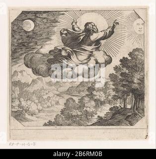 Dio schept de zon, de maan en de sterren De schepping (seriettel) Dio Padre, visto dalla parte posteriore, galleggiando su una nuvola sopra un paesaggio. Egli crea il sole, la luna e lo sterren. Produttore : stampatore Antonio Tempesta a disegno: Rafael A stampa da: Nicolaes de Bruyn a disegno: Maerten The VosPlats fabbricante: Stampatore Roma a disegno: Vaticano Data: 1565 - 1630 caratteristiche Fisiche: Acquaforte materiale: Carta Tecnica: Incisione dimensioni: Bordo della piastra: H 119 mm × W 124 mml'immagine ToelichtingDeze fa parte di una serie di dodici stampe di creazione. Le stampe sono in parte ai disegni di Rafael per Foto Stock