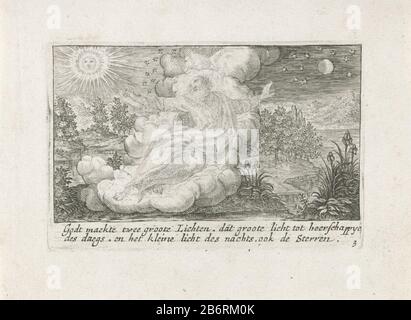 Dio schept de zon, maan en sterren Liber Genesis (seriettel) Dio crea il sole, la luna e le stelle e quindi separa la luce dalle tenebre. Nel margine, una didascalia a due righe in Nederlands. Produttore : stampatore: Crispjn of Passe (i) Editore: Isaac Greve Luogo fabbricazione: Stampatore: Utrecht Editore: Amsterdam Data: 1700 - 1750 caratteristiche Fisiche: Materiale dell'automobile: Tecnica della carta: Engra (processo di stampa) dimensioni: Bordo della lastra : H 83 mm × W 124 mmToelichtingPrent utilizzato in Liber Genesis / il libro della Genesi, terza edizione. Amsterdam: Y. Greve. Oggetto: Creazione di sole, luna e stella Foto Stock
