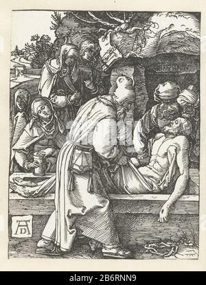 Graflegging De kleine Passie (seriettel) Il corpo di Cristo è deposto in una tomba. Questa immagine fa parte della serie di immagini 'Small Passion', composta da un frontespizio e 36 scene bibliche (per lo più dalla Passione) . Produttore : stampatore Albrecht Dürer (Proprietà elencata) Luogo di fabbricazione: Norimberga Data: 1509 - 1510 caratteristiche Fisiche: Legno tagliato materiale : carta Tecnica: Legno tagliato dimensioni: Foglio: H 126 mm × W 96 mm Oggetto: Tumulazione di Cristo (possibilmente da angeli) Foto Stock