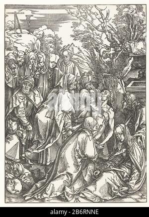 Graflegging De grote Passie (seriettel) il corpo di Cristo è portato da tre uomini in una tomba. Alcune persone, tra cui Chi: Maria e Giovanni, guardando. Questa foto fa parte della serie di immagini "la Grande Passione", composta da un frontespizio e 11 scene del Lijdensverhaal. Produttore : stampatore Albrecht Dürer (Proprietà elencata) Luogo di fabbricazione: Norimberga Data: 1496 - 1497 caratteristiche Fisiche: Legno materiale: Carta Tecnica: Legno dimensioni: Immagine: H 383 mm × W 275 mm Oggetto: Tumulazione di Cristo (possibilmente da angeli) Foto Stock