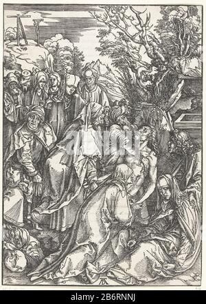Graflegging De grote Passie (seriettel) il corpo di Cristo è portato da tre uomini in una tomba. Alcune persone, tra cui Chi: Maria e Giovanni, guardando. Su testo in latino stampato verso. Questa foto fa parte della serie di immagini "la Grande Passione", composta da un frontespizio e 11 scene del Lijdensverhaal. Produttore : stampatore Albrecht Dürer (Proprietà elencata) Luogo di fabbricazione: Norimberga Data: 1496-1497 e / o 1511 caratteristiche Fisiche: Legno e materiale di stampa: Carta Tecnica: Legno / formati di stampa: Immagine: H 384 mm × W 275 mm Oggetto: Tumulazione di Cristo (possibilmente da angeli) Foto Stock