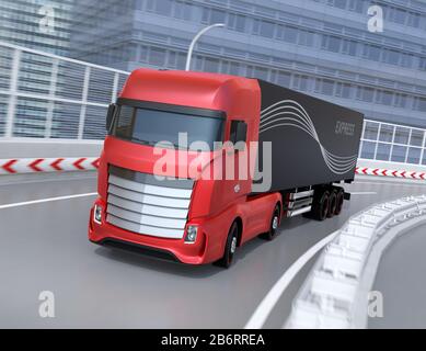 Design generico rosso autocarro elettrico pesante che guida in autostrada. Immagine di rendering 3D. Foto Stock