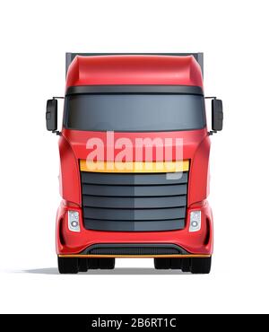 Vista frontale Del design generico Red Heavy Electric Truck su sfondo bianco. Immagine di rendering 3D. Foto Stock